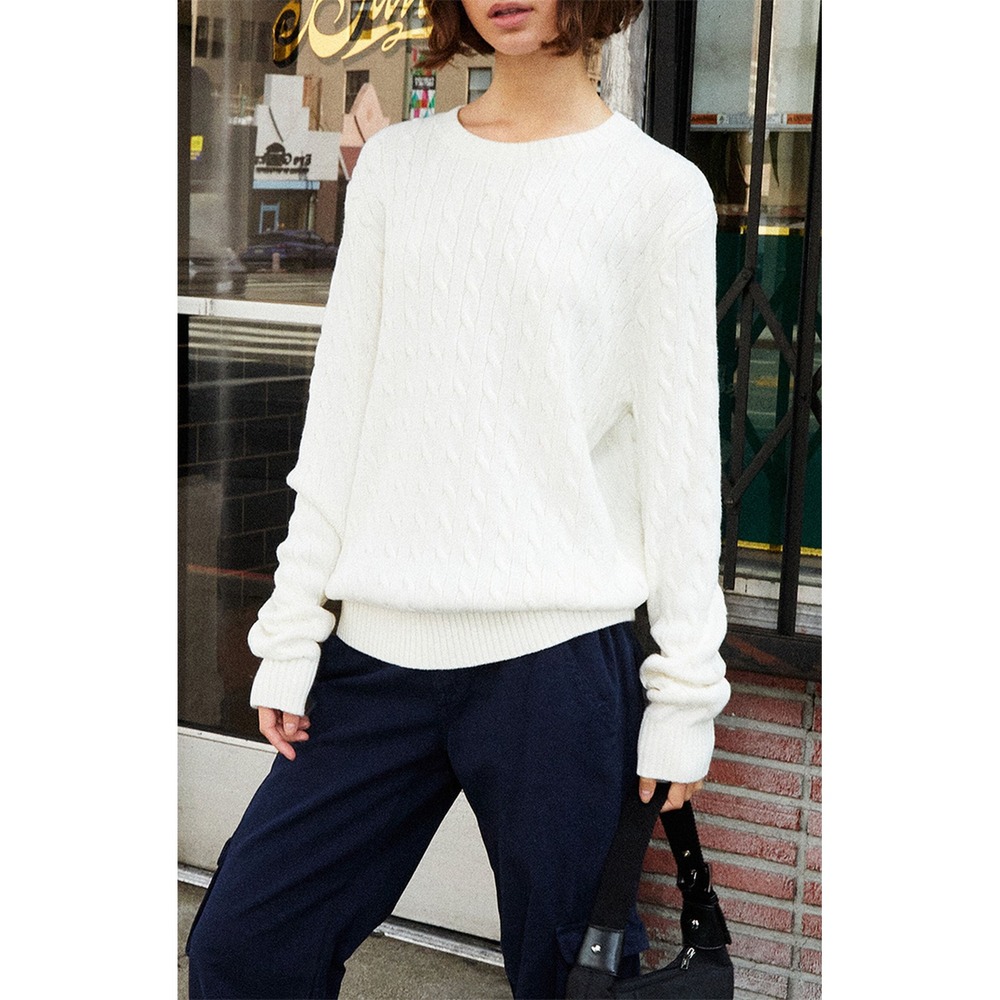 John Galt Brandy Melville White Cable Knit Sweater Crew Neck Womens OS